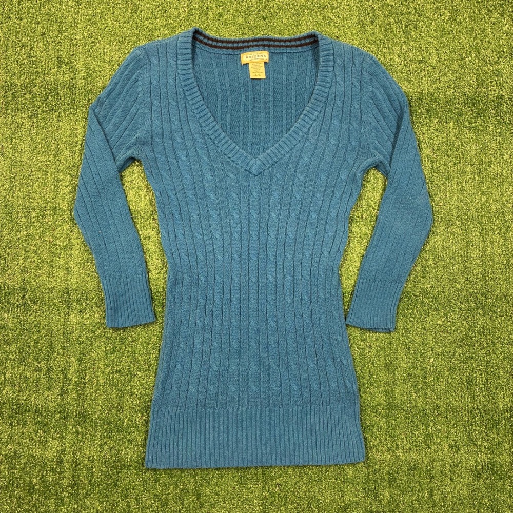 Y2K Arizona Jean Co V-Neck Cable Knit Sweater Teal Blue Longline Slim Fit